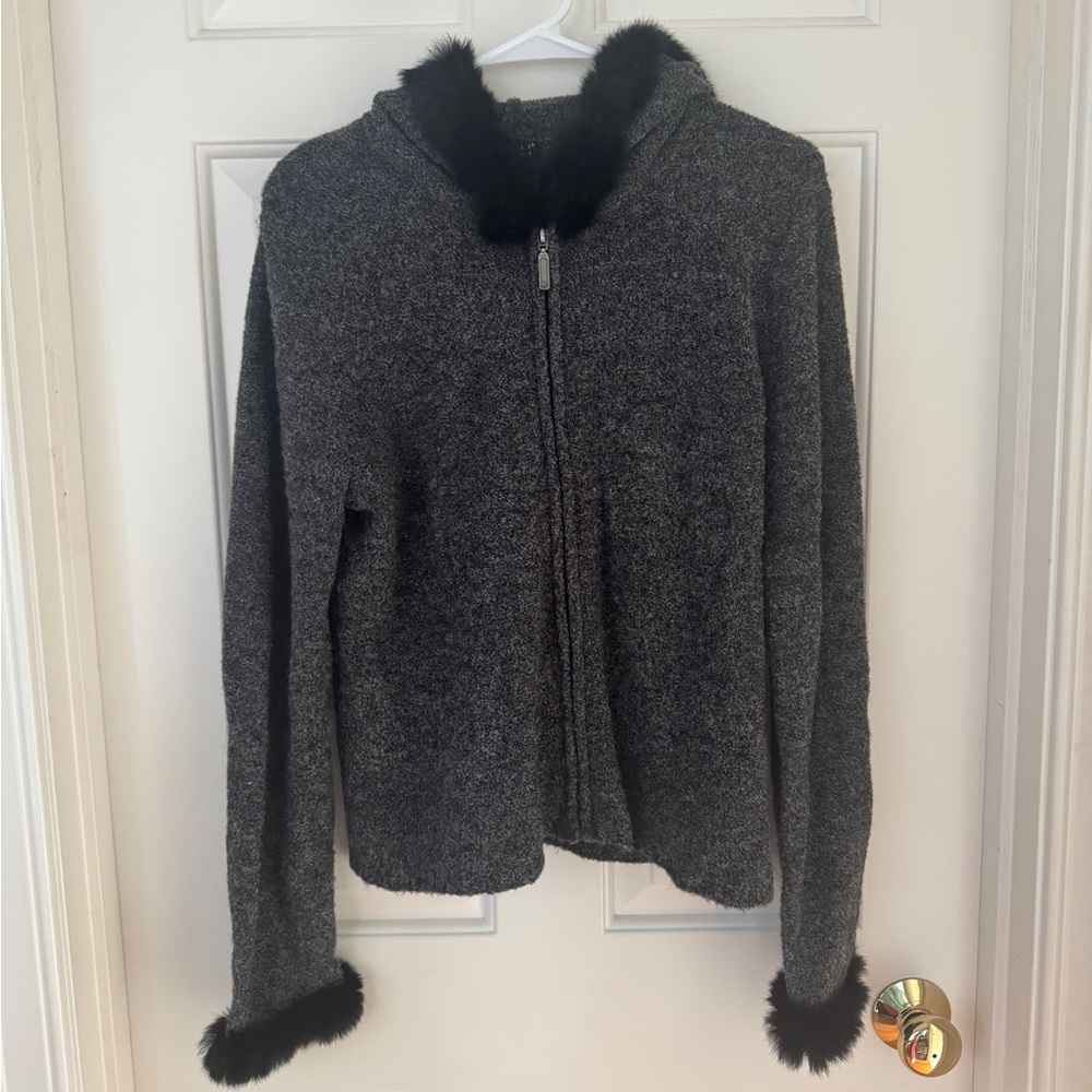 Carole Little Faux Fur Trim Zip-Up Sweater